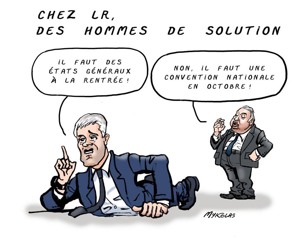 dessin d’actualité humoristique sur les solutions proposées par Laurent Wauquiez et Gérard Larcher à la crise que traverse Les Républicains
