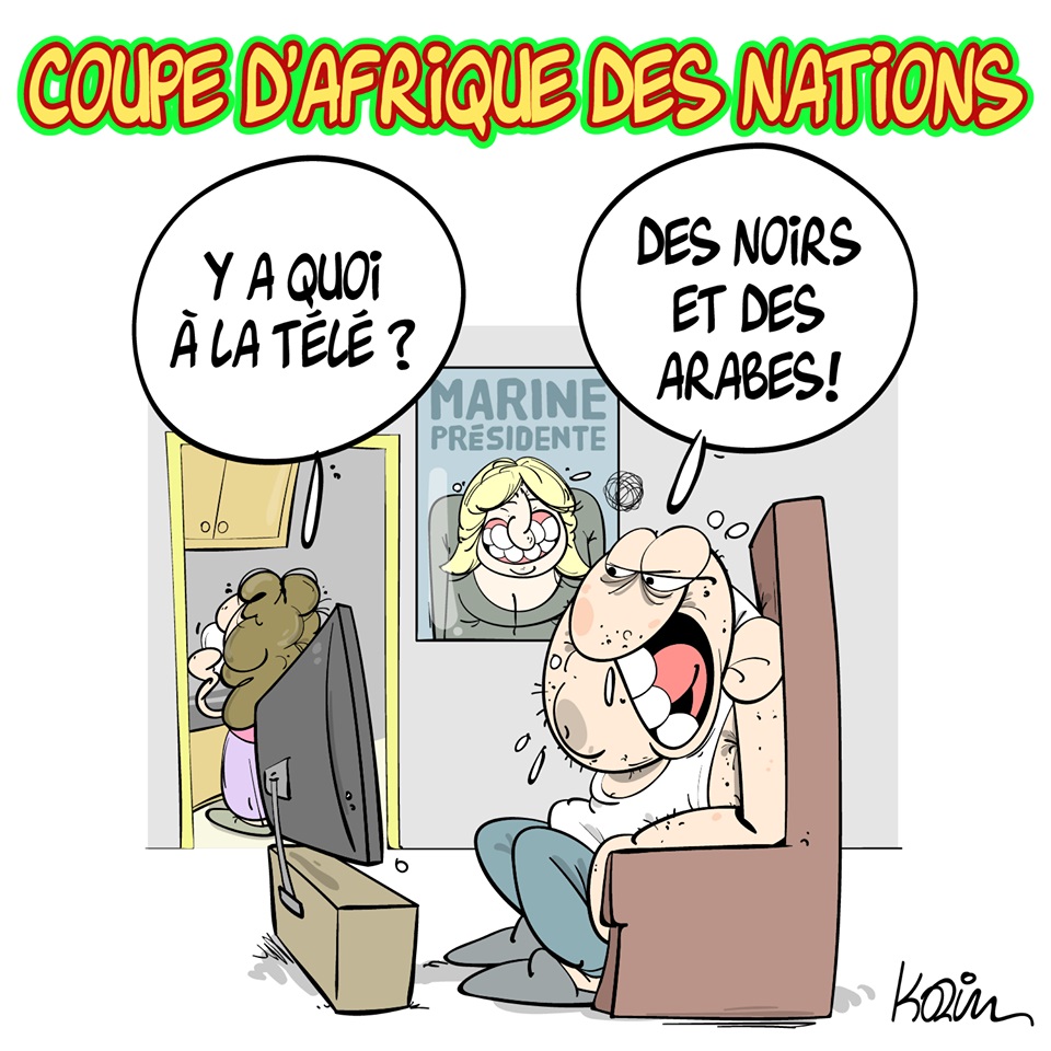 dessin d’actualité humoristique sur la Coupe d’Afrique des Nations et le Rassemblement National