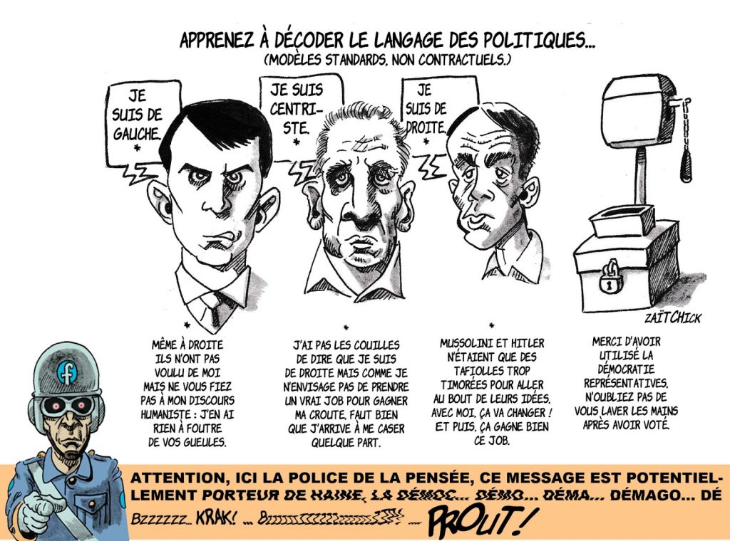 dessin humoristique de Zaïtchick sur le langage des hommes politiques