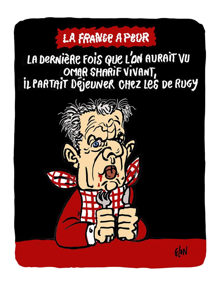 dessin d’actualité humoristique sur le scandale des dîners de François de Rugy et Omar Sharif