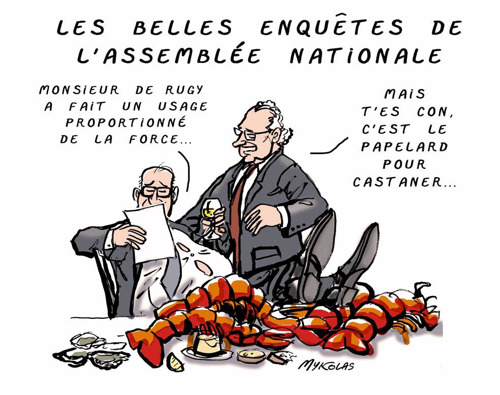 dessin d’actualité humoristique sur le scandale des dîners de François de Rugy et l’enquête de l’Assemblée Nationale