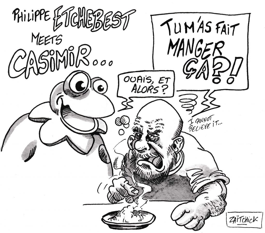 dessin humoristique de Zaïtchick sur Casimir, la malbouffe, le Gloubi-Boulga et Philippe Etchebest