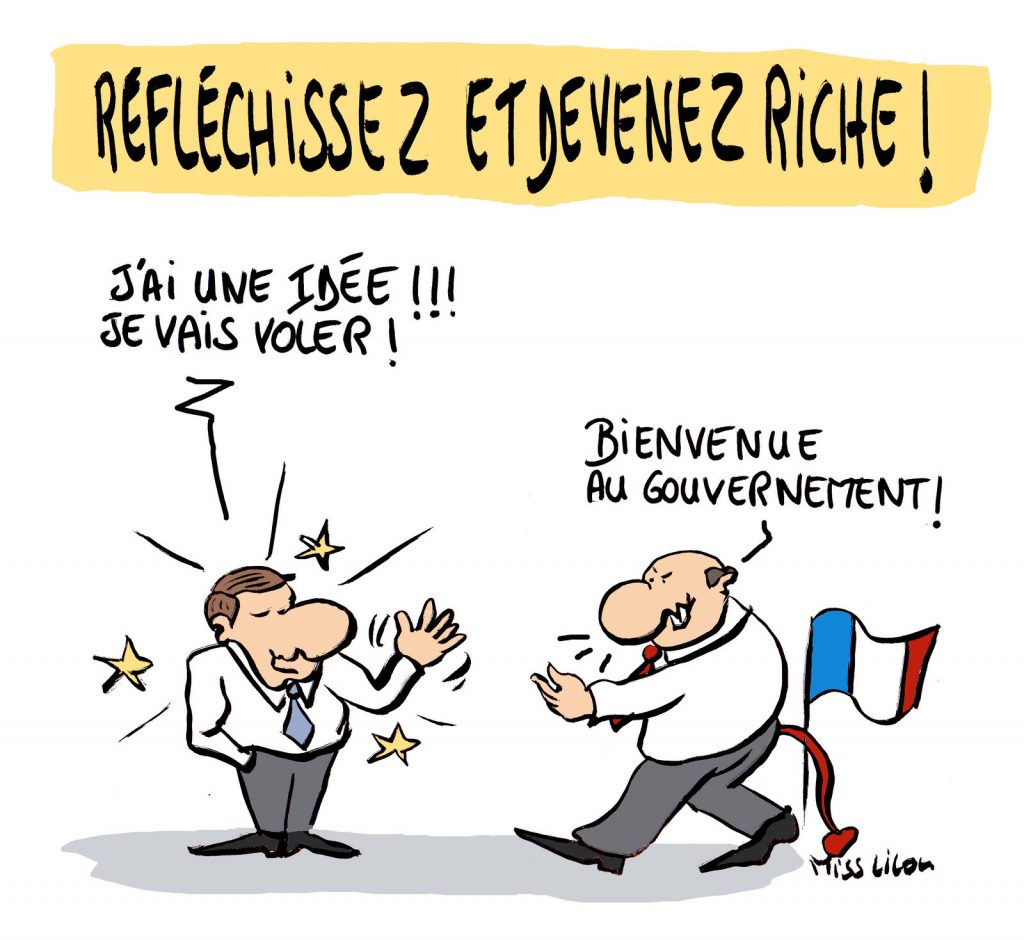 dessin de Miss Lilou sur les hommes politiques et l’argent facile