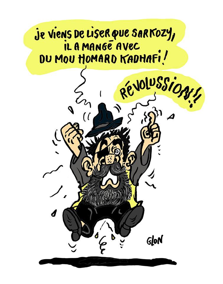 dessin d’actualité humoristique sur le scandale des dîners de François de Rugy, Jérôme Rodrigues et le scandale libyen concernant Nicolas Sarkozy