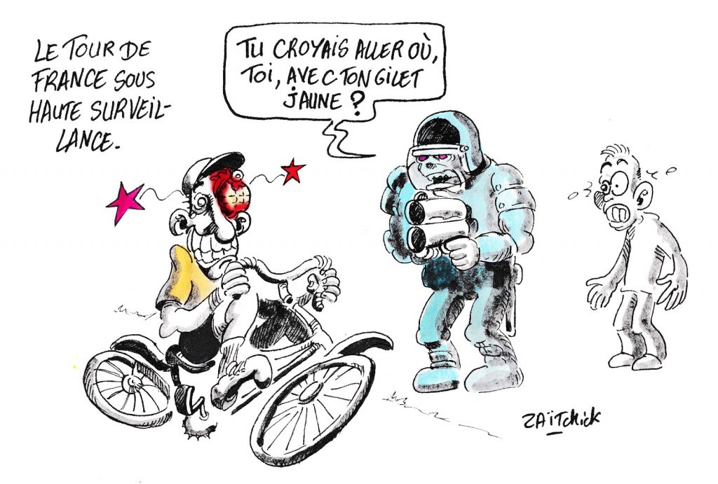 dessin humoristique de Zaïtchick sur le Tour de France, les maillots jaunes et les gilets jaunes