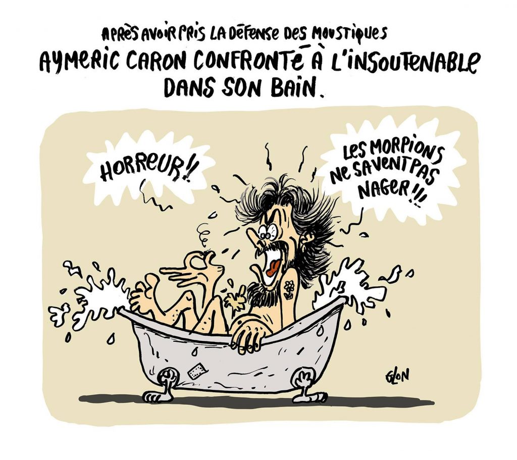 dessin humoristique de Glon sur Aymeric Caron et le meurtres des moustiques