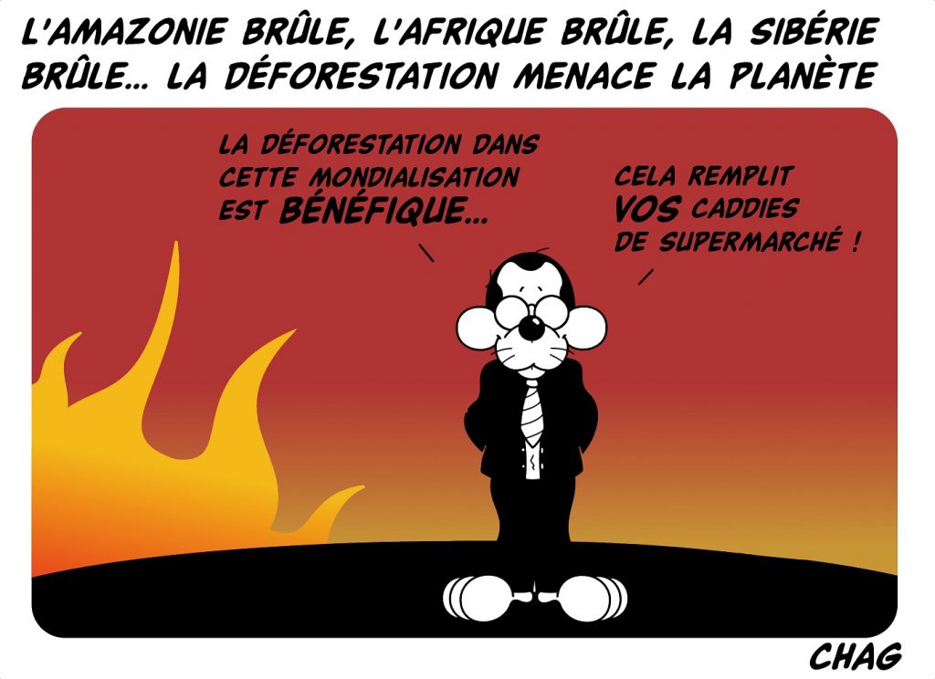 dessin d'humour de Chag sur les incendies de forêts dans le monde et la mondialisation