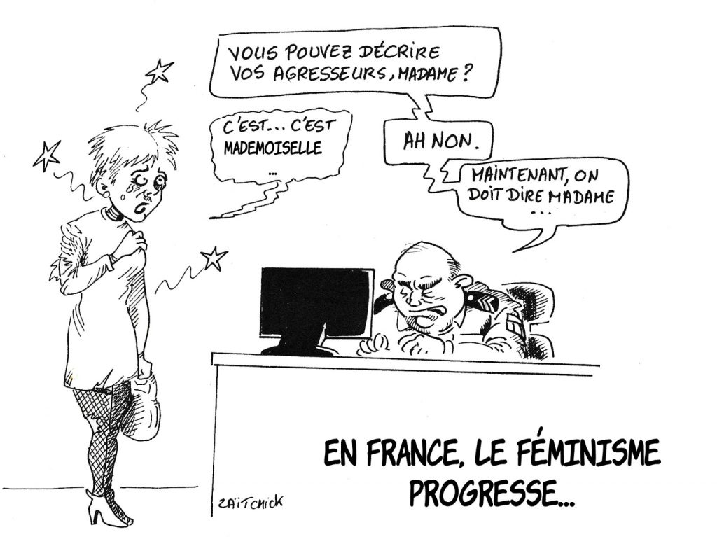 dessin humoristique de Zaïtchick sur les progrès du féminisme et le politiquement correct