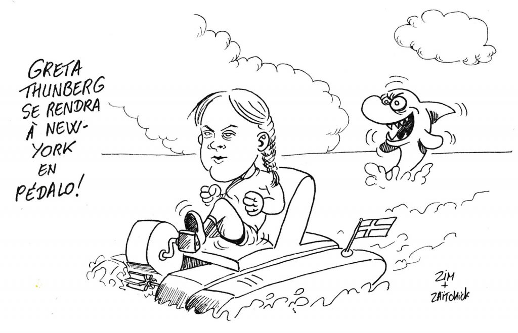 dessin humoristique de Zaïtchick sur le déplacement de Greta Thunberg à New York sur le voilier Malizia II