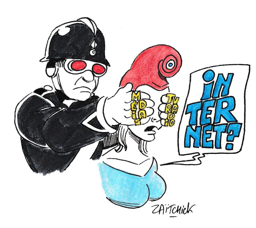 dessin humoristique de Zaïtchick sur la police de la pensée qui sévit actuellement dans les médias et sur Internet