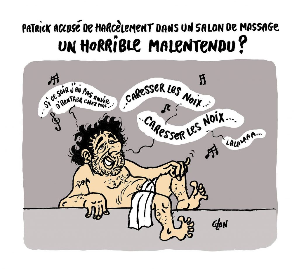 dessin humoristique de Glon sur les accusations d’exhibition et de harcèlement sexuel à l’encontre de Patrick Bruel