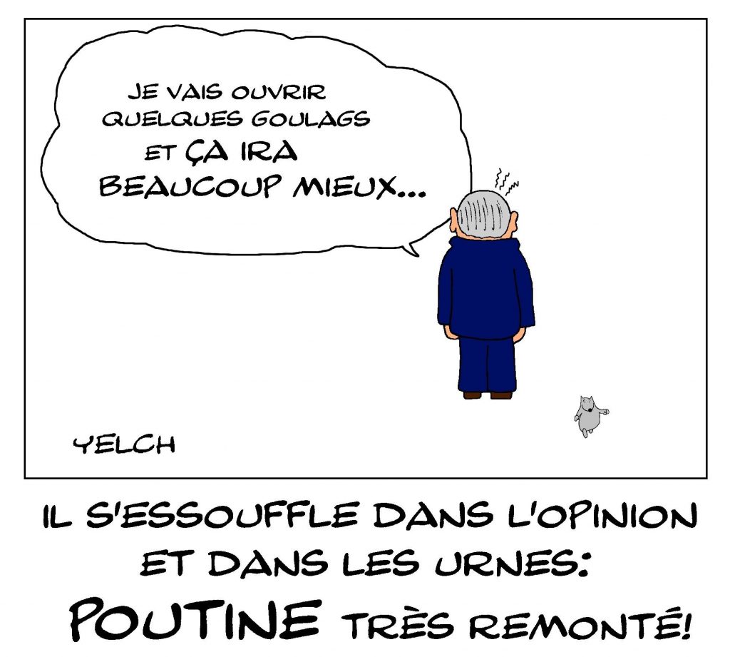 dessin de Yelch sur l’essoufflement de Vladimir Poutine dans l’opinion et dans les urnes