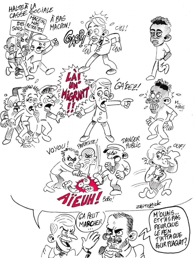 dessin humoristique de Zaïtchick sur le changement de politique d’Emmanuel Macron sur l’immigration