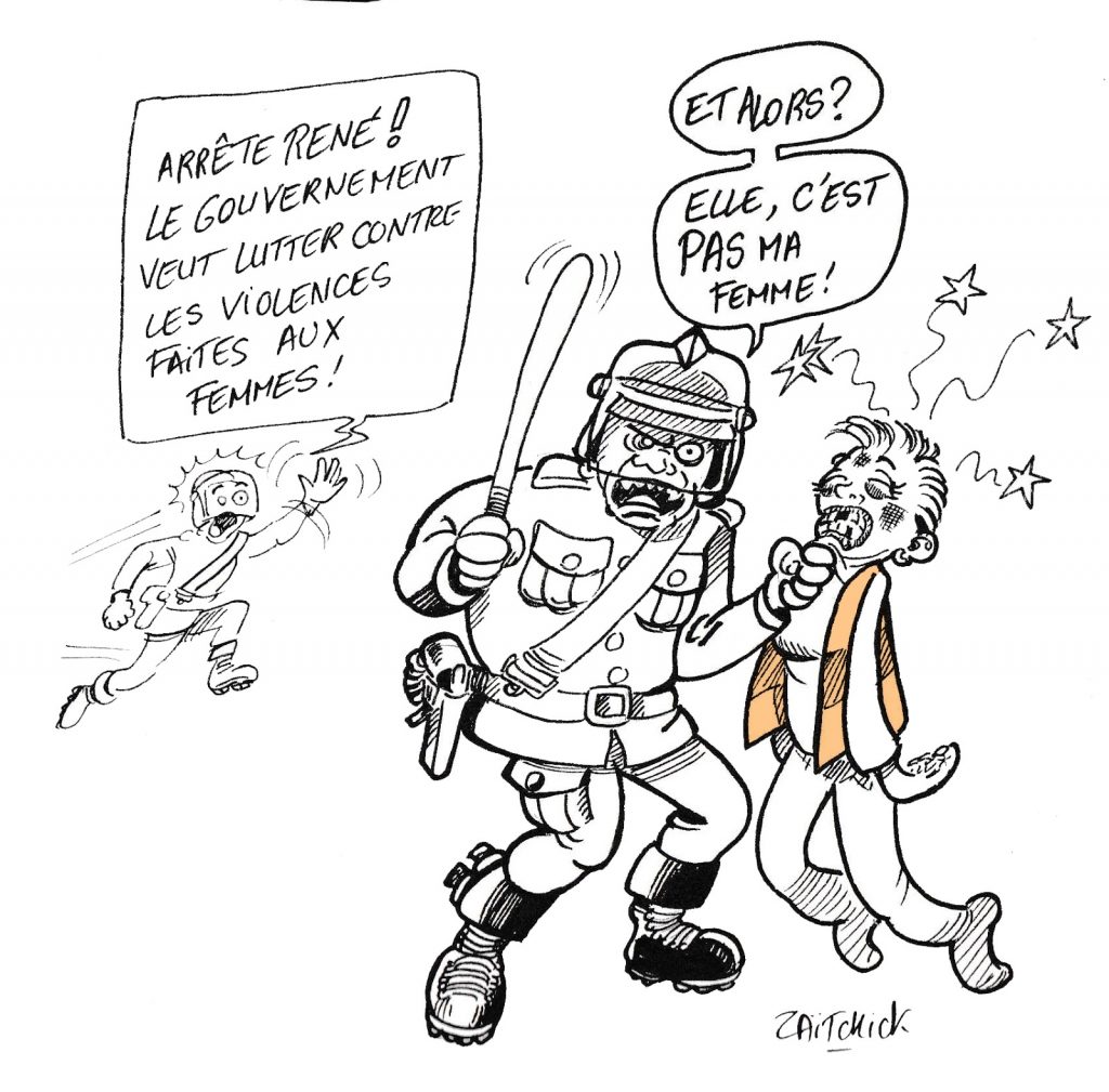 dessin humoristique de Zaïtchick sur le Grenelle des violences conjugales et les violences policières