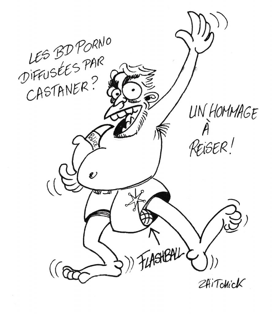 dessin humoristique de Zaïtchick sur les bandes dessinées pornographiques de Christophe Castaner et le personnage Gros Dégueulasse de Reiser