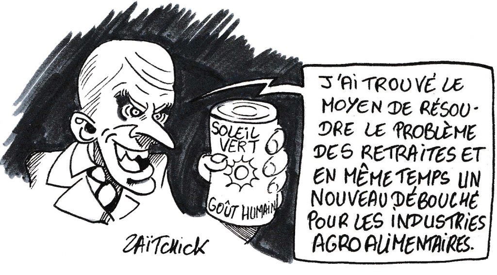 dessin humoristique de Zaïtchick sur Emmanuel Macron et le problème des retraites