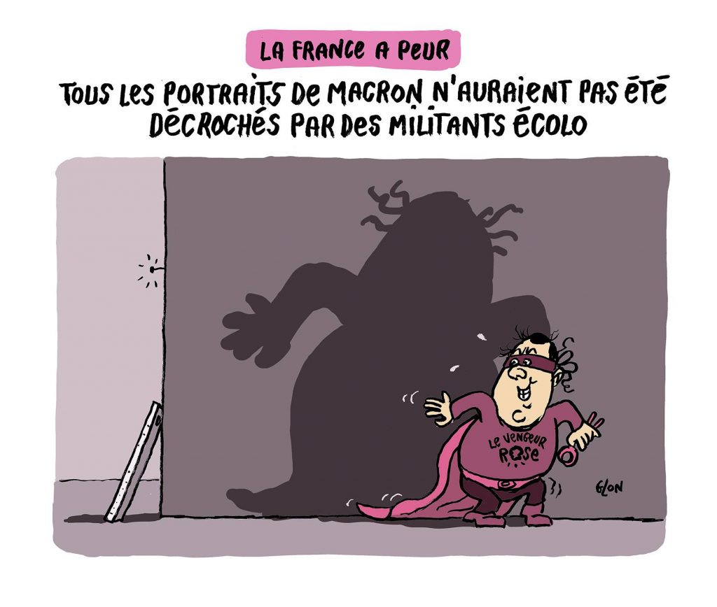 dessin humoristique de Glon sur François Hollande et les décrocheurs de portraits d’Emmanuel Macron