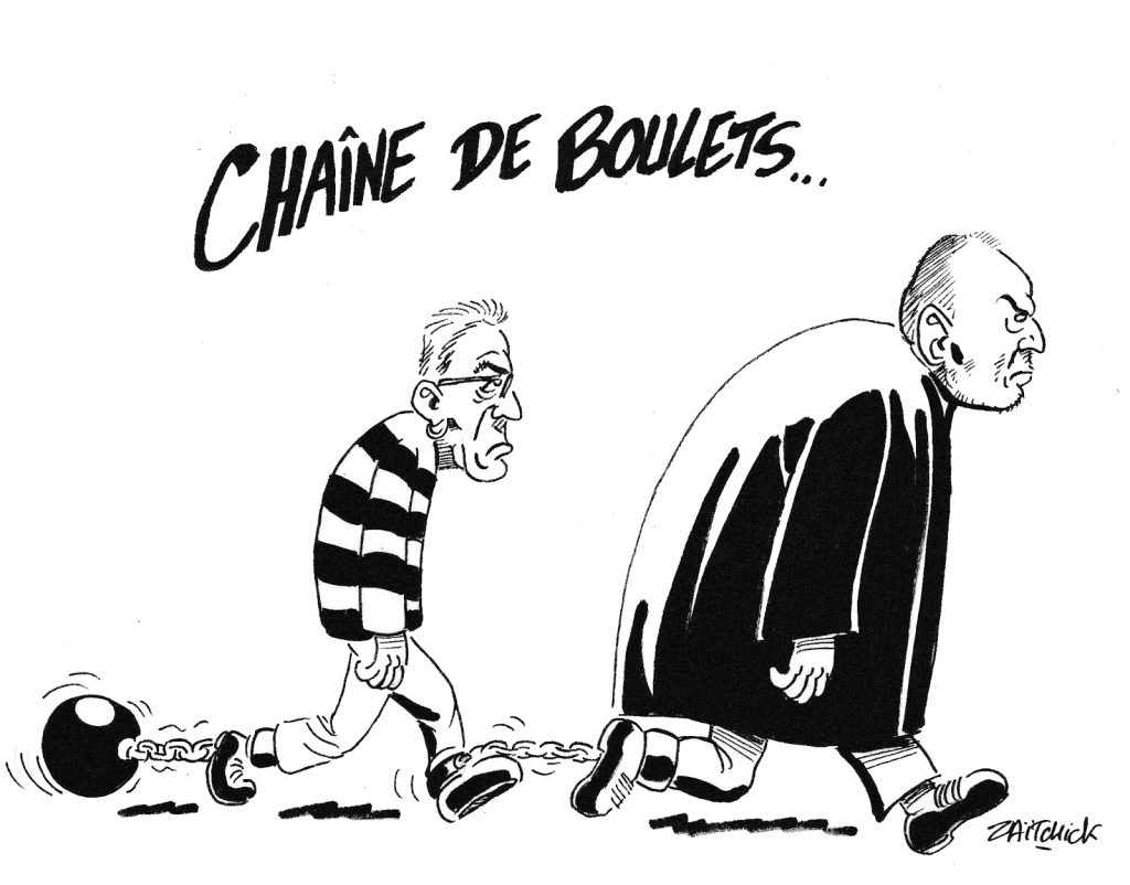 dessin humoristique de Zaïtchick sur l’incarcération de Patrick Balkany et son défenseur Éric Dupond-Moretti
