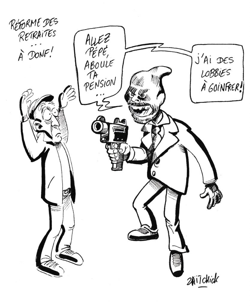 dessin de Zaïtchick sur la réforme des retraites menée à marche forcée par Édouard Philippe