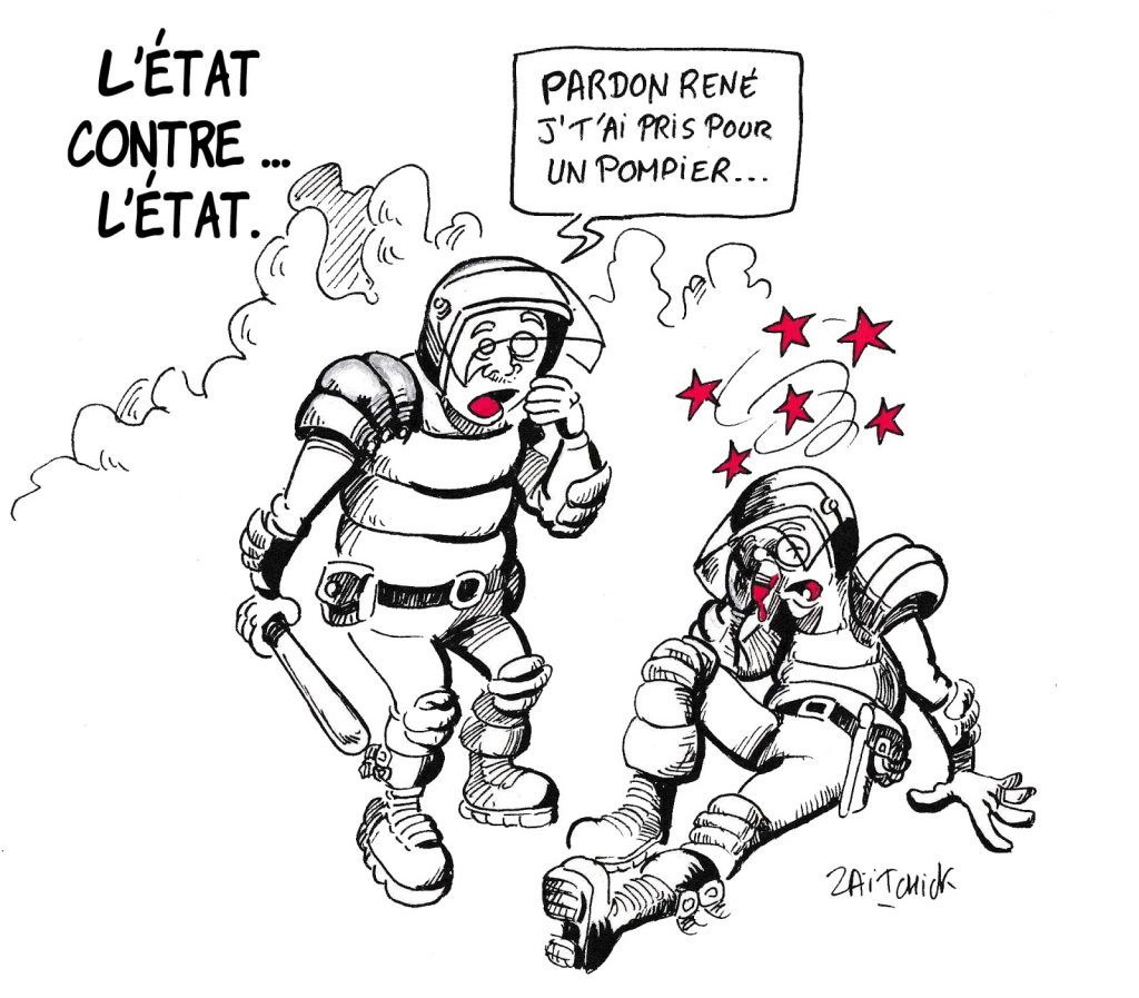 dessin de Zaïtchick sur les violences policières lors de la manifestation des pompiers à Paris