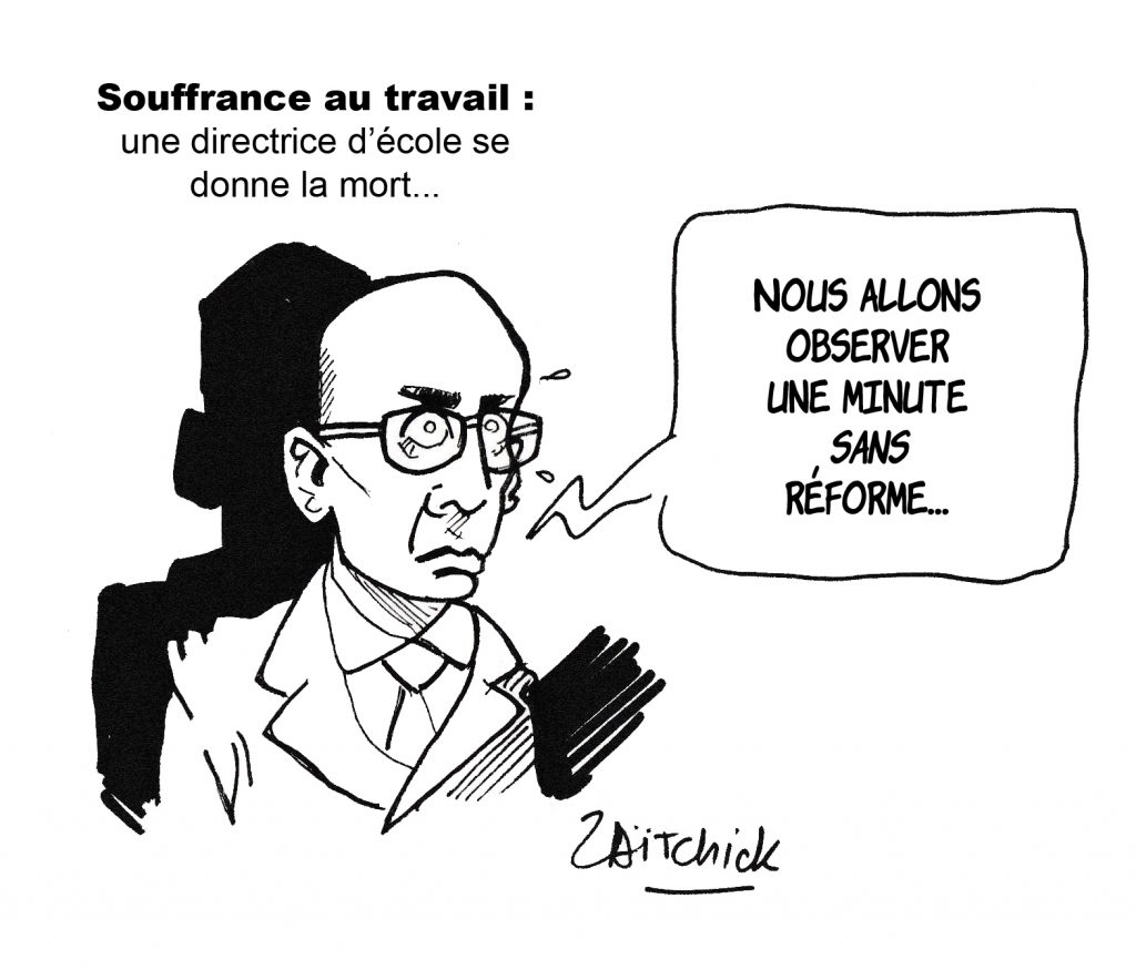 dessin humoristique de Zaïtchick sur le suicide sur son lieu de travail de Christine Renon, directrice d’école