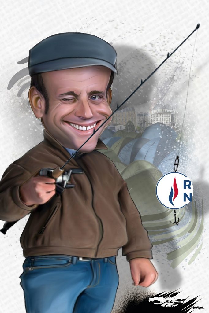 dessin d’actualité humoristique de Jerc sur la pêche aux voix d’Emmanuel Macron pour les élections municipales