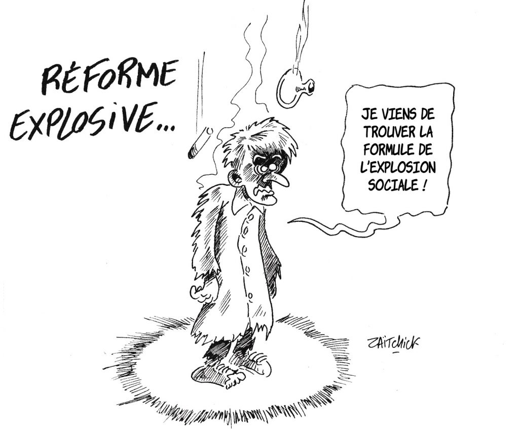 dessin de Zaïtchick sur Emmanuel Macron et les réactions sociales aux réformes