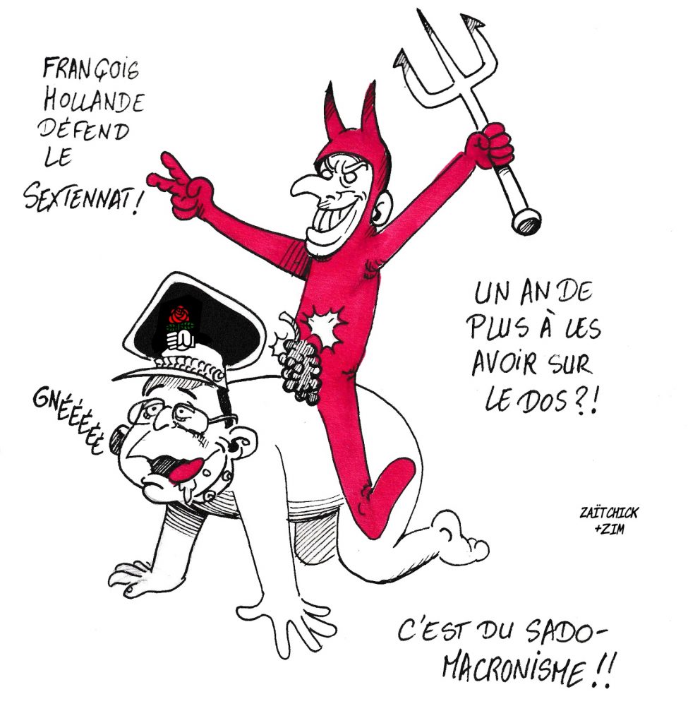 dessin de Zaïtchick sur François Hollande et Emmanuel Macron à une soirée cuir-moustache