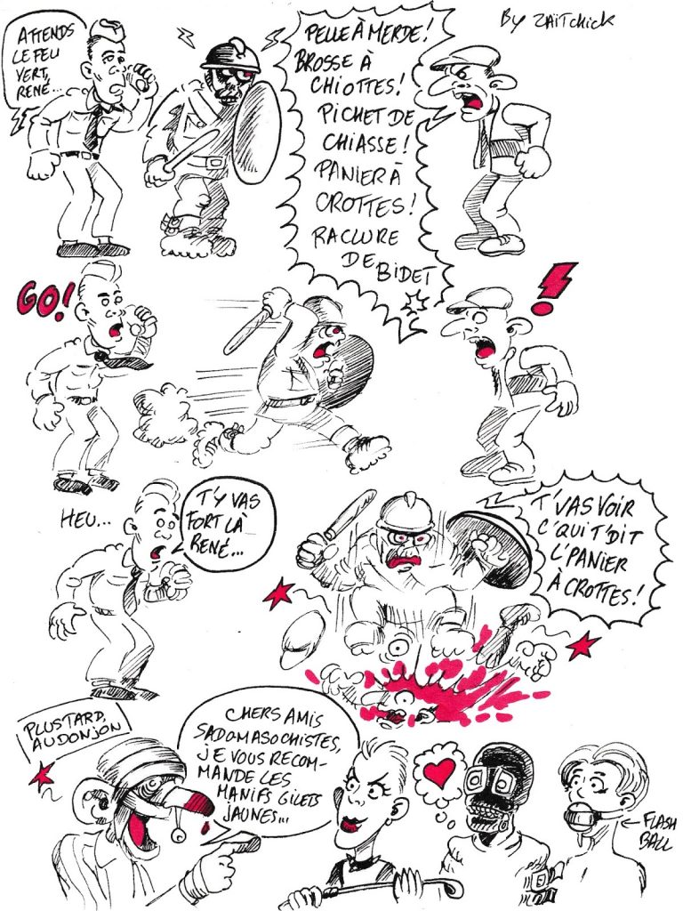 bande dessinée de Zaïtchick sur un gilet jaune sadomasochiste qui provoque un policier