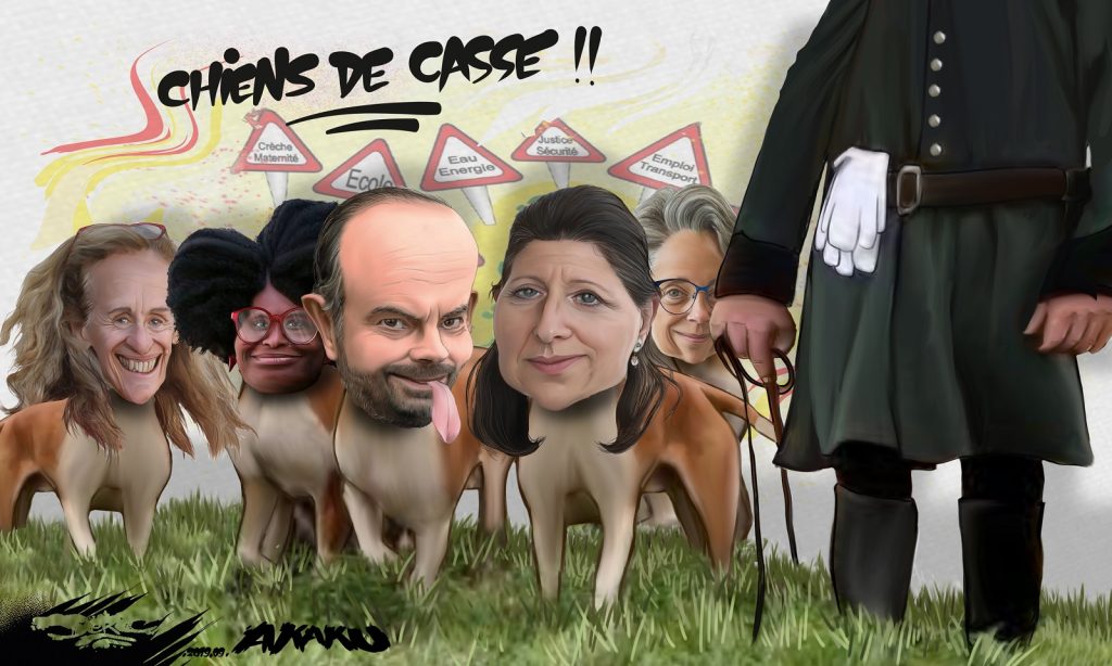 dessin d’actualité humoristique de Jerc sur l’ouverture de la chasse et les réformes sociales menées par les ministres d’Emmanuel Macron