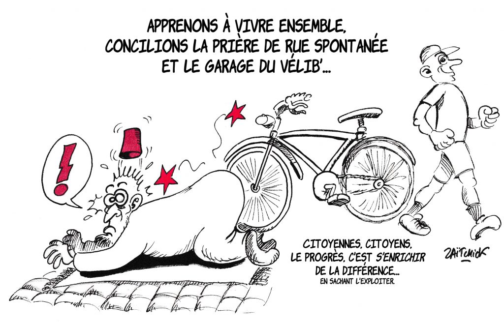 dessin de Zaïtchick sur la prière de rue et les garages à vélos