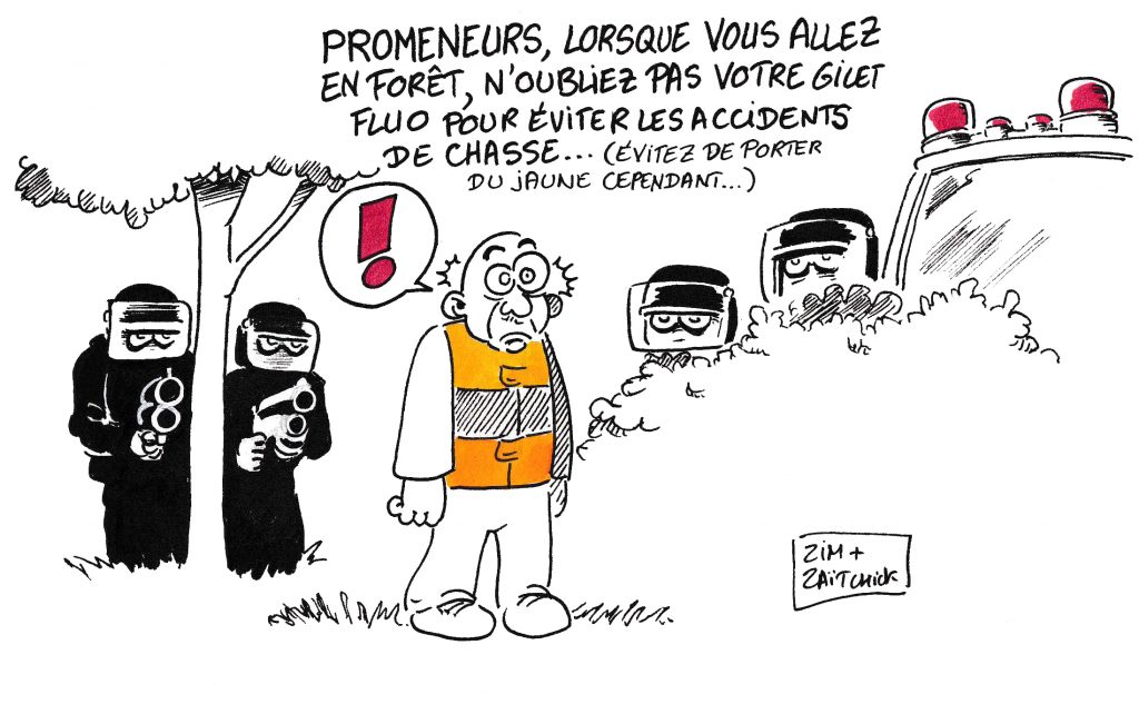 Dessin de Zaïtchick sur un gilet jaune qui se promène en forêt