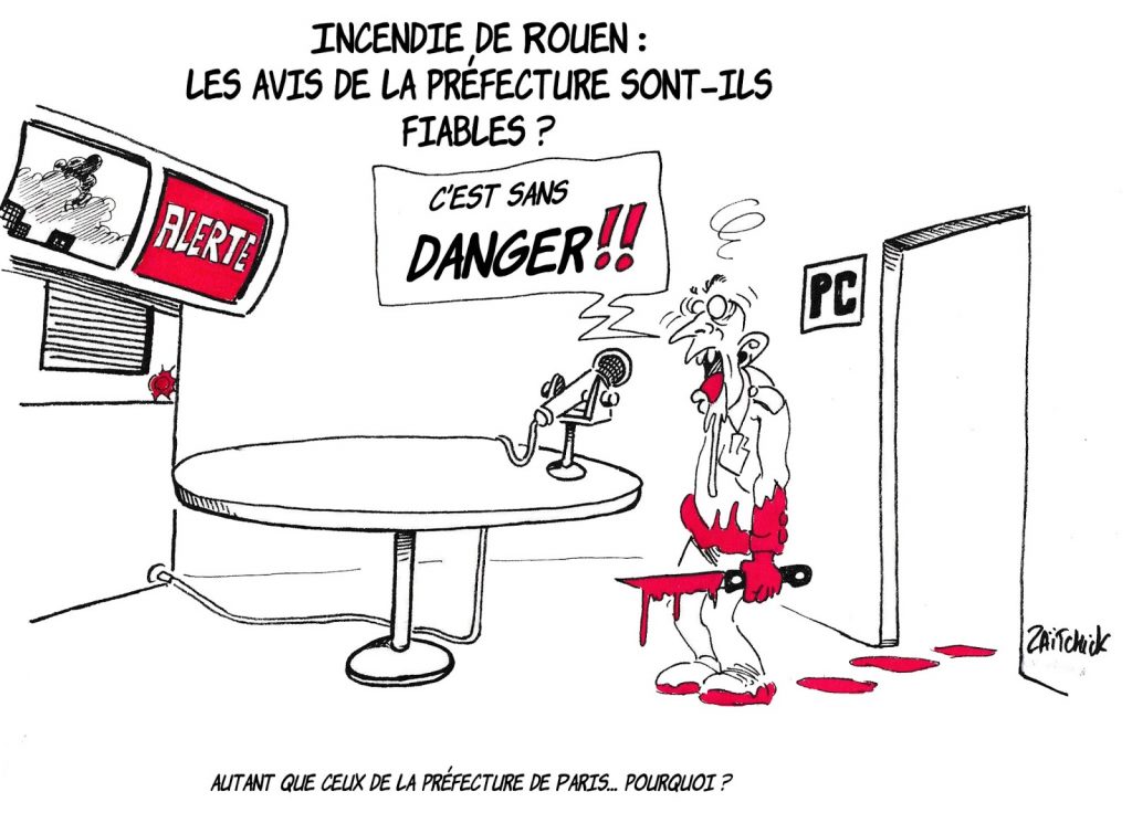 dessin humoristique de Zaïtchick sur l’attaque au couteau à la préfecture de police de Paris et l’incendie de Lubrizol à Rouen