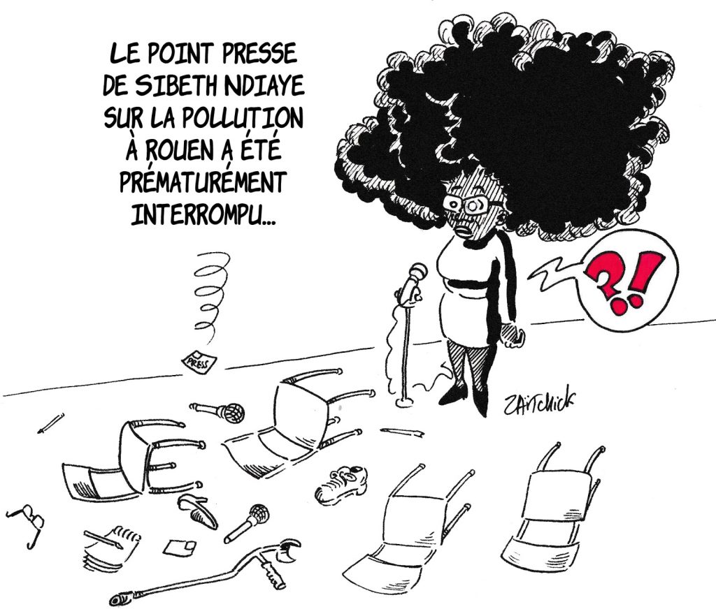 dessin humoristique de Zaïtchick sur l’incendie de l’usine Lubrizol à Rouen et le point presse de Sibeth Ndiaye