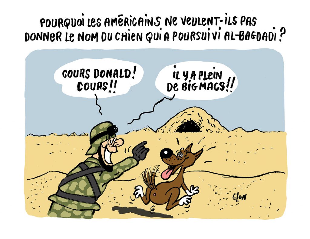 dessin humoristique de Glon sur la mort d’Abou Bakr al-Baghdadi lors d’un raid de l’armée américaine