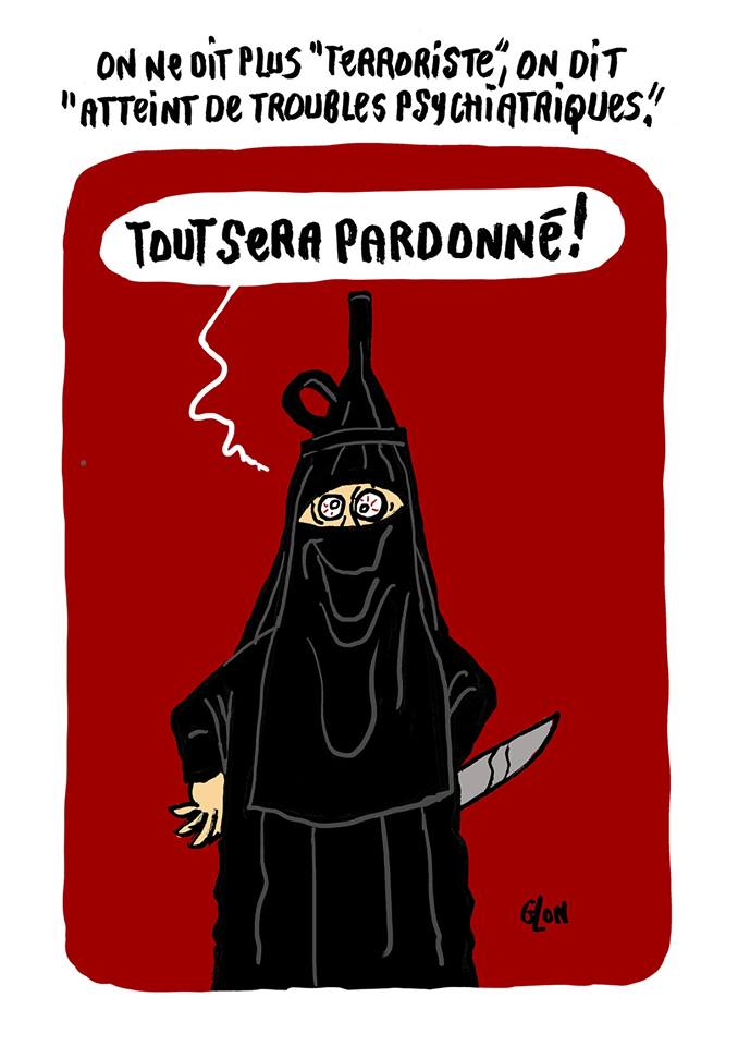 dessin humoristique de Glon sur l’attaque au couteau à la préfecture de police de Paris