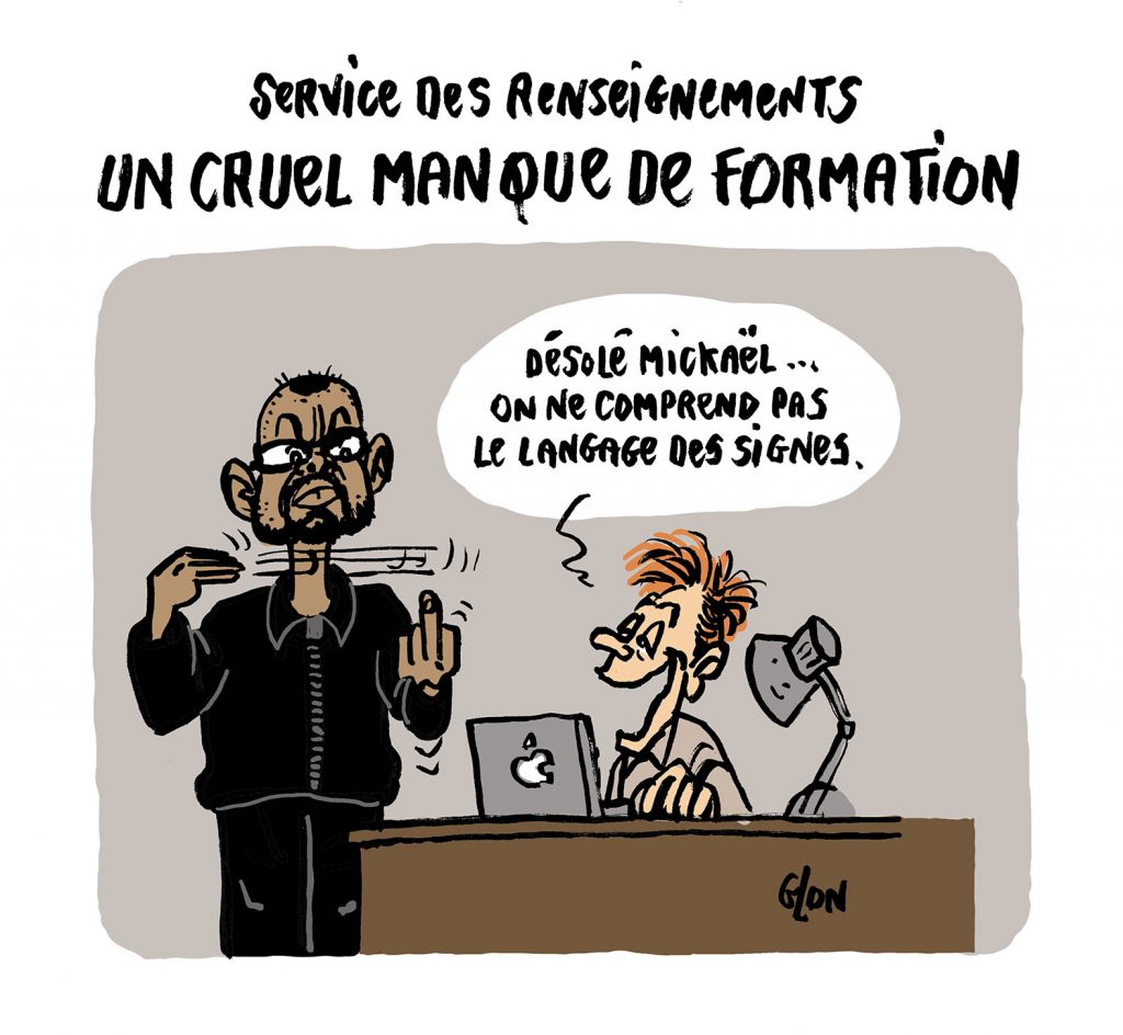 dessin humoristique de Glon sur l’attaque au couteau à la préfecture de police de Paris et le manque de renseignements des renseignements français