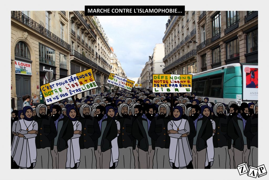 dessin d'actualité de Zap sur la marche contre l’islamophobie