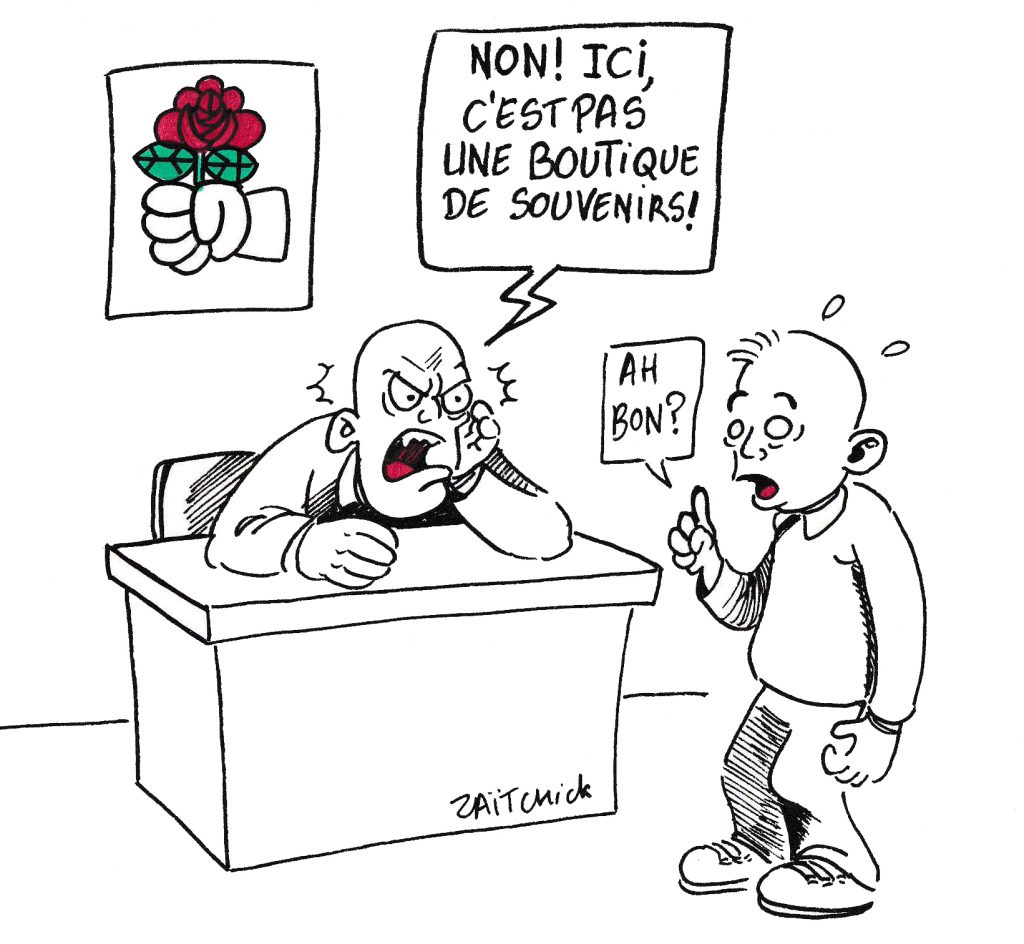 dessin de Zaïtchick sur un militant socialiste exaspéré par un chaland croyant que l’antenne est une boutique souvenir