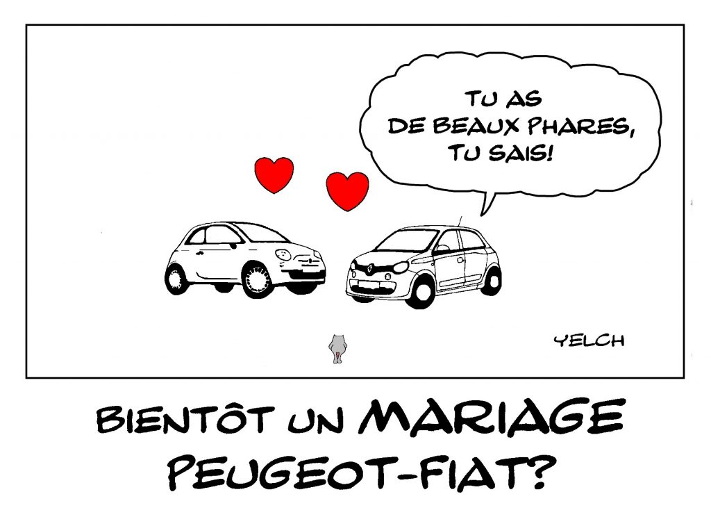 dessin de Yelch sur le mariage Peugeot-Fiat