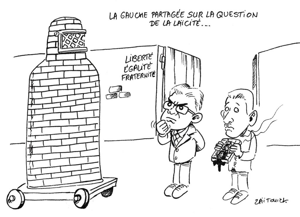 dessin de Zaïtchick sur Jean-Luc Mélenchon et François Ruffin dubitatifs devant une burqua-cheval de Troie