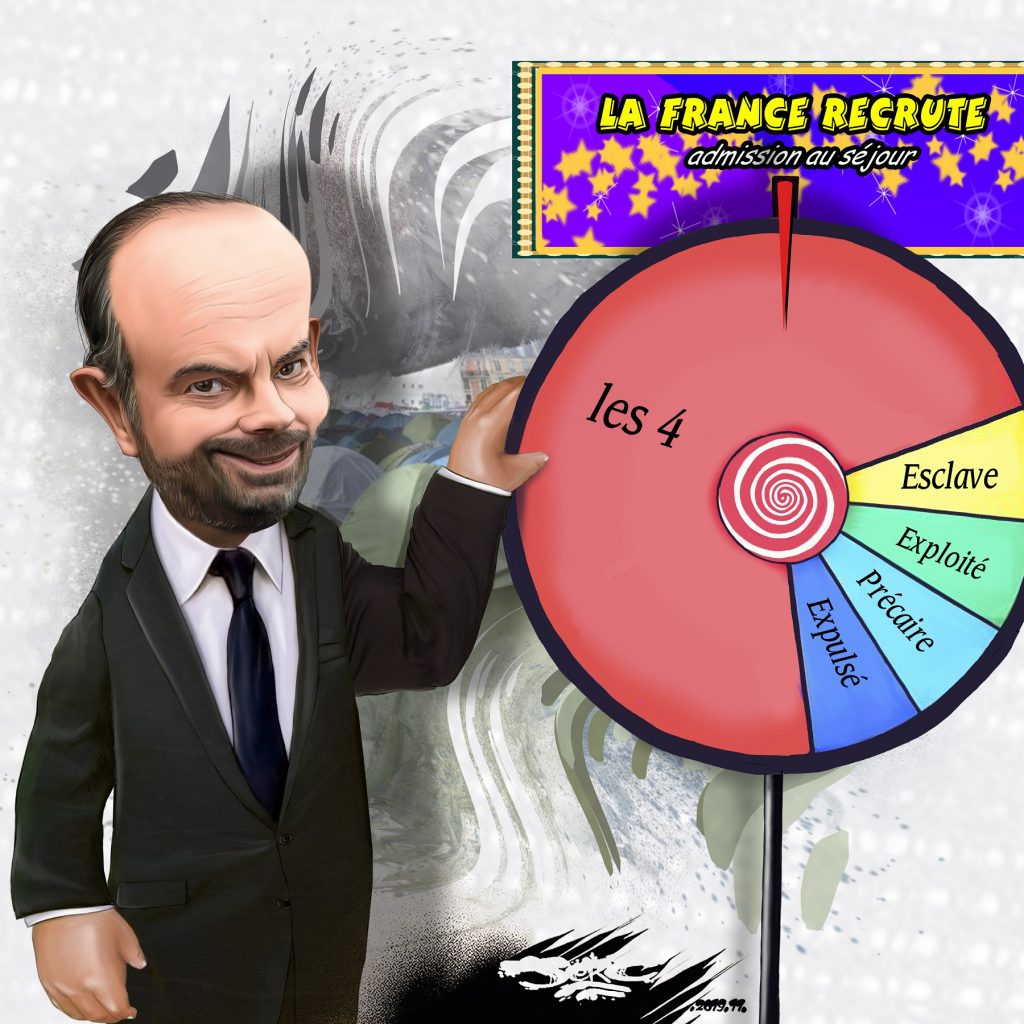 dessin d’actualité humoristique de Jerc sur Édouard Philippe et l’immigration choisie