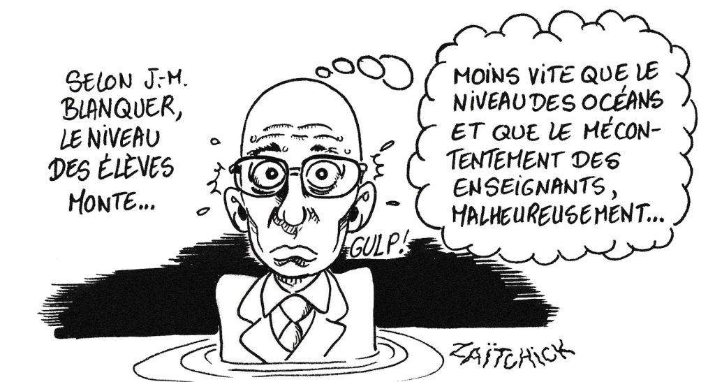 dessin de Zaïtchick sur Jean-Michel Blanquer dans l'eau jusqu'au cou