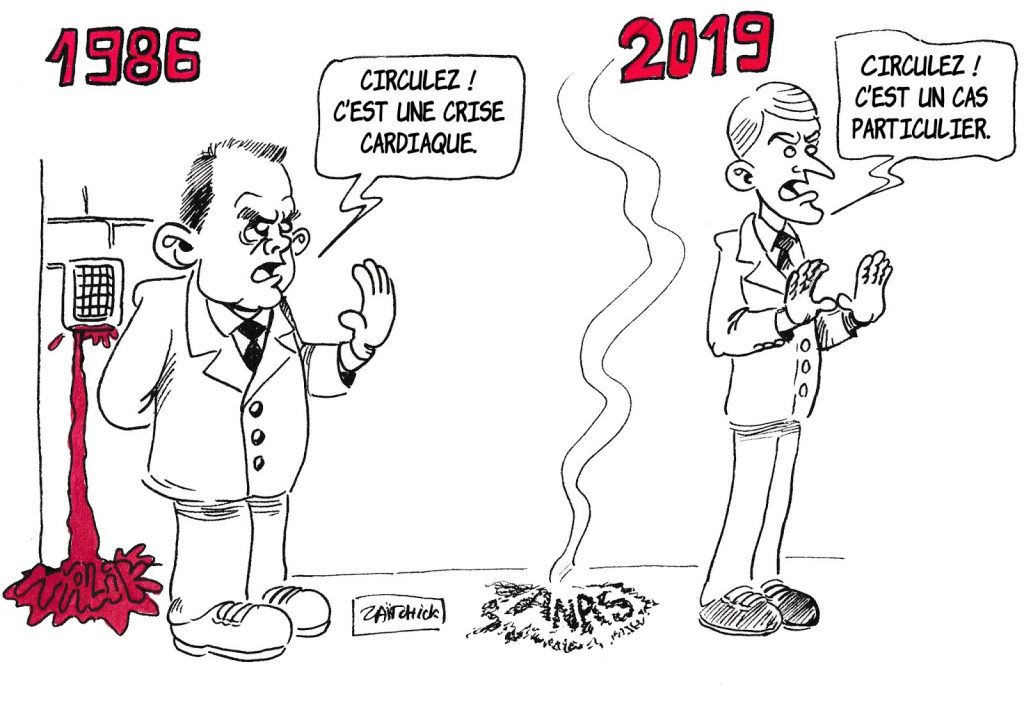 dessin de Zaïtchick sur Charles Pasqua et Emmanuel Macron niant la vérité sur la mort de Malik Oussekine et l’immolation d’Anas