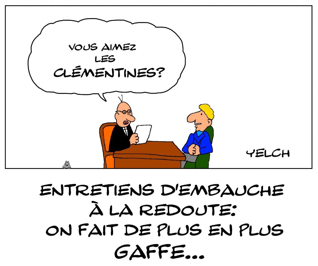 dessin de Yelch sur le salarié de La Redoute mis à pied pour avoir mangé une clémentine à son poste de travail