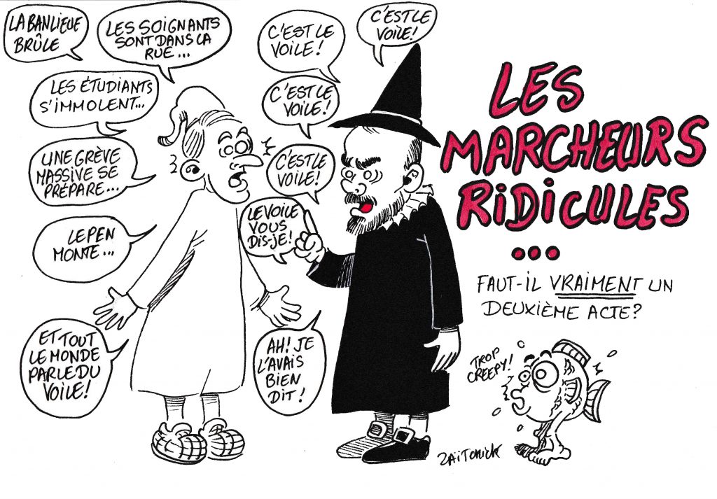 dessin de Zaïtchick sur Emmanuel Macron en Malade imaginaire et Édouard Philippe en Médecin malgré lui accompagnée d’un poisson à pattes