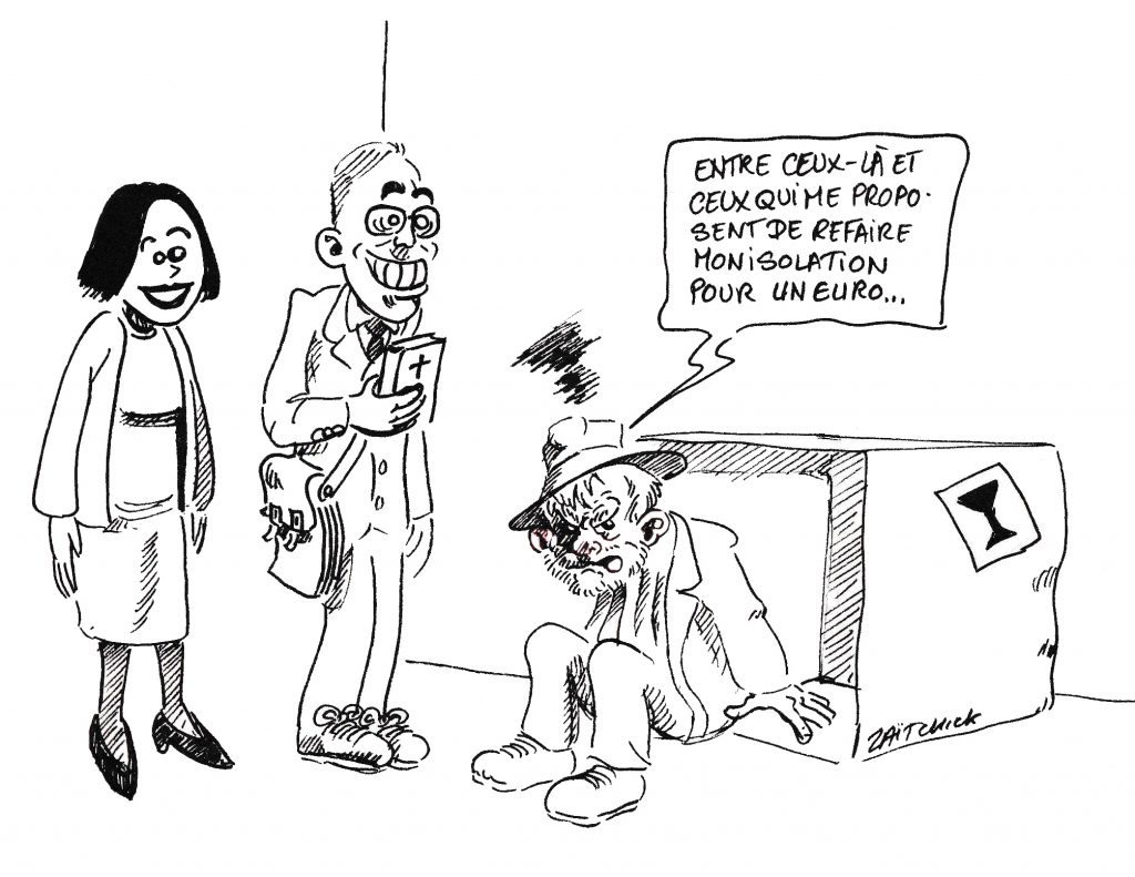 dessin de Zaïtchick d'un clochard démarché par deux témoins de Jéhovah