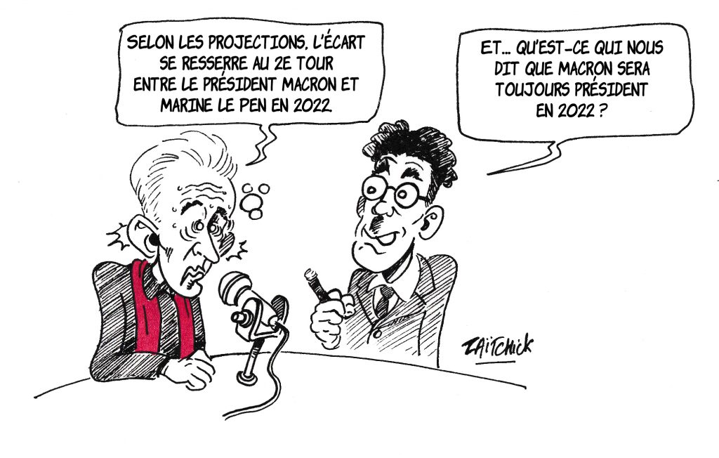 dessin de Zaïtchick sur Christophe Barbier et Groucho Marx commentant les projections du deuxième tour de la présidentielle de 2022