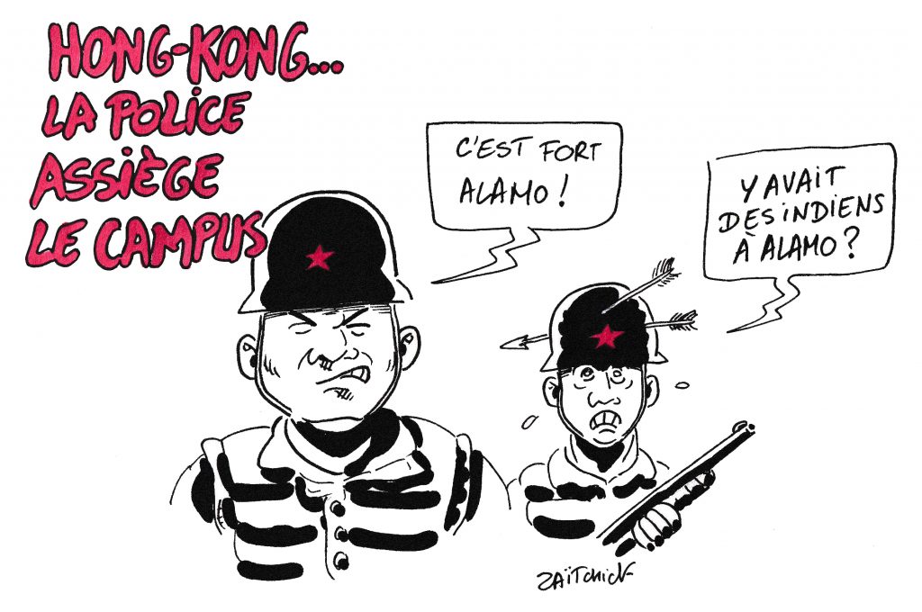 Dessin de Zaïtchick sur des policiers chinois qui assiègent un campus à Hong Kong