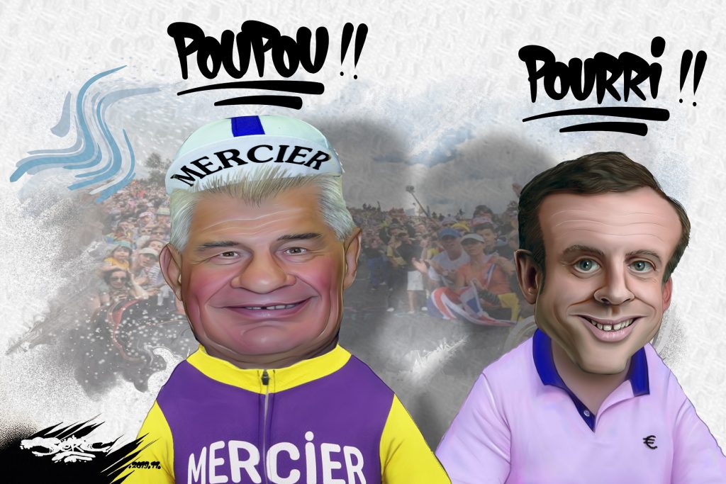 dessin d’actualité humoristique de Jerc sur la mort de Raymond Poulidor et Emmanuel Macron